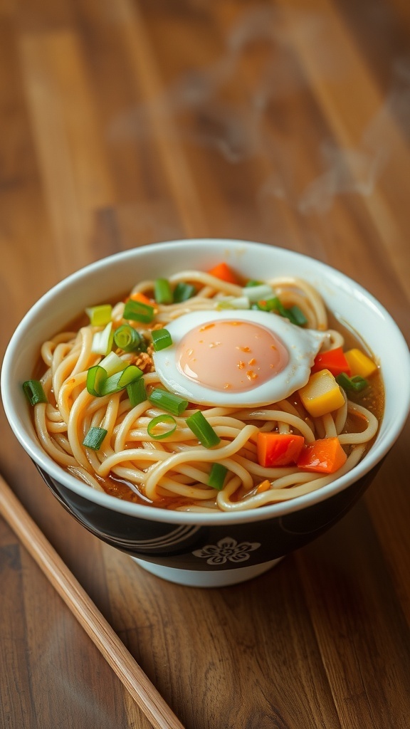 Quick and Easy Instant Noodles Recipe A bowl of instant noodles with vegetables and egg, garnished with green onions, on a wooden table with chopsticks.